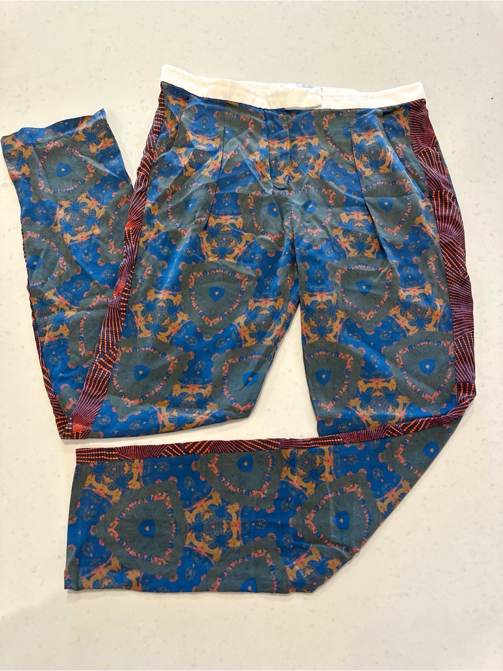 ALC 100% Silk Geometric Print Trousers Blue Tuxedo Size 4 Designer Luxury Bold
